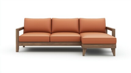 Modern, stylish sofa with orange cushions on a white isolated background.