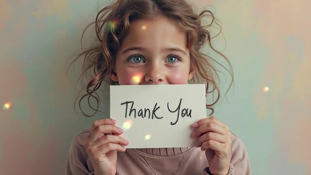 Cheerful girl holding a thank you sign with a joyful expression on a pastel background