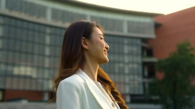 Carefree young beautiful asian business woman in elegant suit smiling and walking along on the street in front of modern office building with morning sunlight, happy female working in urban lifestyle.