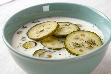 Dill pickle slices being submerged into a bowl of buttermilk for marinating purposes, pickle marinades, vinegar-based foods, food soaking, liquid refreshment
