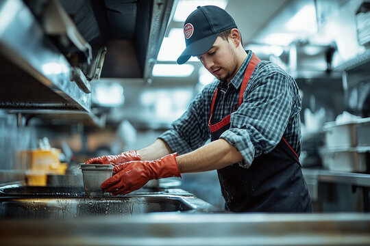 Restaurant staff maintaining grease trap system, showing professional cleaning tools and methods in commercial setting.