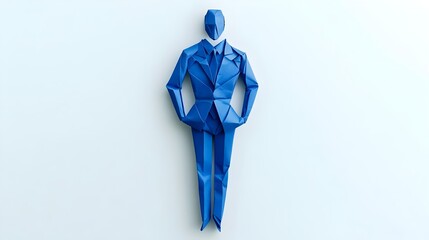 A cobalt-blue origami businessman crafted from paper stands on a white background. papercraft design features a man in a blue suit, vector-like aesthetic, with copy space for advertising, creative use