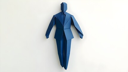 A cobalt-blue origami businessman crafted from paper stands on a white background. papercraft design features a man in a blue suit, vector-like aesthetic, with copy space for advertising, creative use