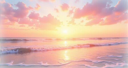 Serene sunset over ocean waves with pastel clouds and reflections on water