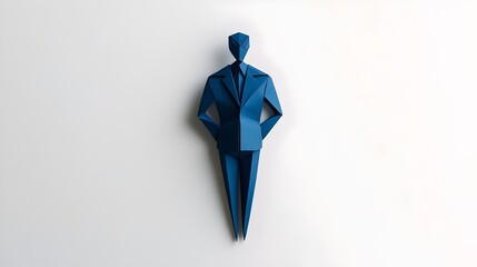 A cobalt-blue origami businessman crafted from paper stands on a white background. papercraft design features a man in a blue suit, vector-like aesthetic, with copy space for advertising, creative use
