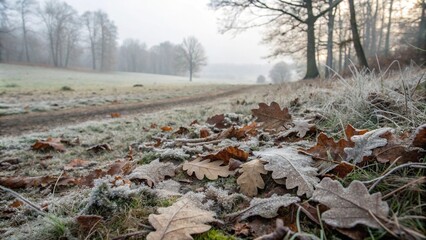 Obraz premium dry foliage and hoarfrost on forest floor, hoarfrost, carpet of leaves, autumn forest, snowy terrain, forest floor