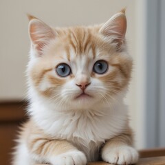Fototapeta premium Adorable Fluffy Kitten with Striking Blue Eyes: A Close-Up Portrait of a Cream and White British Shorthair Cat