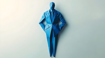 A cobalt-blue origami businessman crafted from paper stands on a white background. papercraft design features a man in a blue suit, vector-like aesthetic, with copy space for advertising, creative use