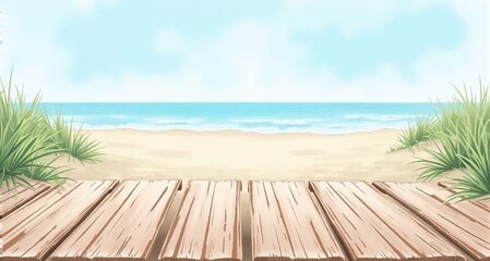 Fototapeta premium Beach access wooden deck illustration with sandy shore and calm ocean