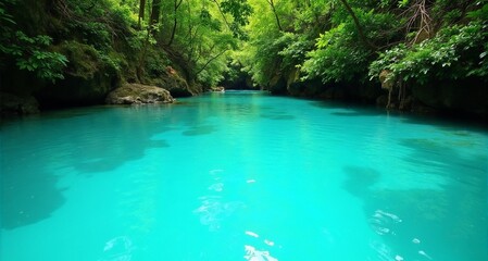 Naklejka premium Crystal clear turquoise river flowing through lush green jungle landscape
