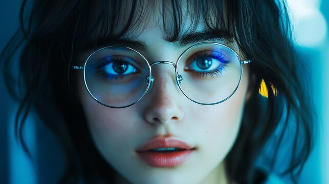 Portrait of a girl with her eyes wide open wearing glasses in a metal round frame