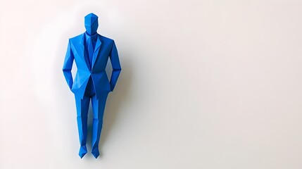 A cobalt-blue origami businessman crafted from paper stands on a white background. papercraft design features a man in a blue suit, vector-like aesthetic, with copy space for advertising, creative use