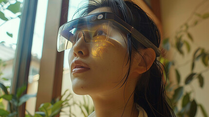 A compact wearable device for seamless language translation, showing real-time subtitles in augmented reality for conversations between speakers of different languages.