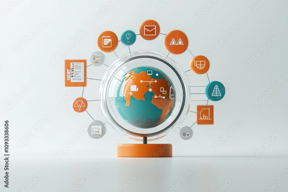 Poster futuristic globe uniting interconnected education icons modern workspace digital design minimalist e