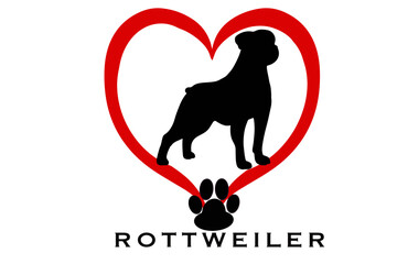 Vector silhouette of a Rottweiler inside a heart shape, symbolizing love and loyalty for the breed