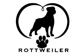Vector silhouette of a Rottweiler inside a heart shape, symbolizing love and loyalty for the breed