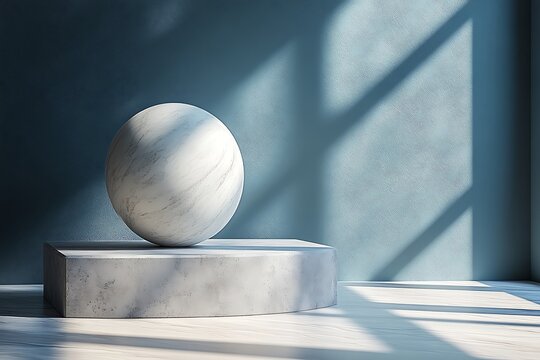 A minimalist composition with a marble sphere on a concrete pedestal.