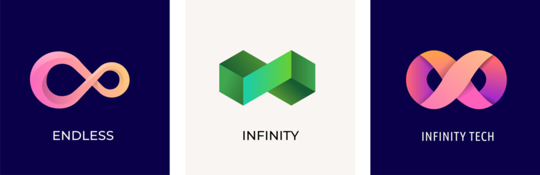 Set of Infinity logos, mobius ribbon symbols, icons. Infinity 3D, modern minimalist style. Colorful vector design