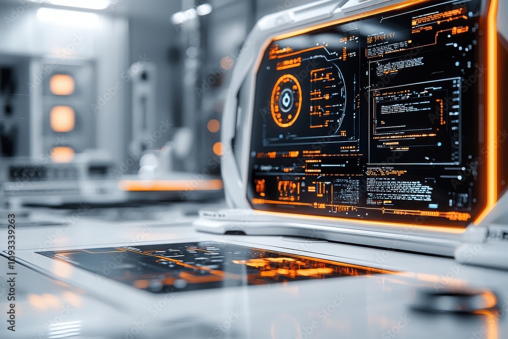 Poster futuristic online learning station with advanced technology tools modern workspace digital interface