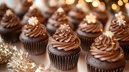Overhead view of chocolate cupcakes aligned in rows on a dessert table with tinsel and holiday lights in the background