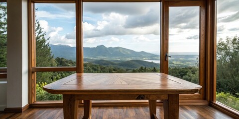 A beautifully crafted wooden table stands in front of a large window displaying a stunning view of the surrounding landscape, 
