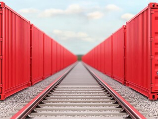 Fototapeta premium multimodal transport concept. Cargo containers transitioning from ship to train, efficient logistics, 3D illustration