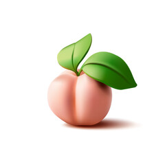 3D realistic peach with leaves. Delicious farm peach for fruit product design concepts, juice, and vitamins. Vector illustration.