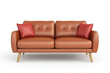 Stylish brown leather sofa with red pillows on a white isolated background.