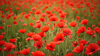 Fototapeta premium fields of red poppy flowers blooming in summer, summer, plant life
