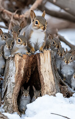 Forest animals  includingsquirrel andrabbit  gathered aroundglowing stump insnowy clearing