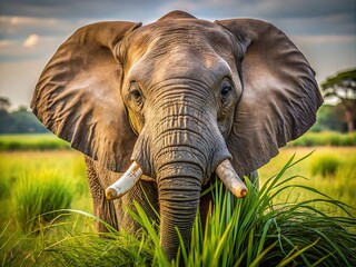 Fototapeta premium A captivating close-up portrait showcases the peaceful side of an African bush elephant feeding in Khwai Moremi Game Reserve.