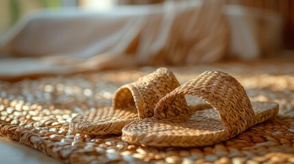 A pair of woven sandals resting on a textured mat, suggesting comfort and relaxation.