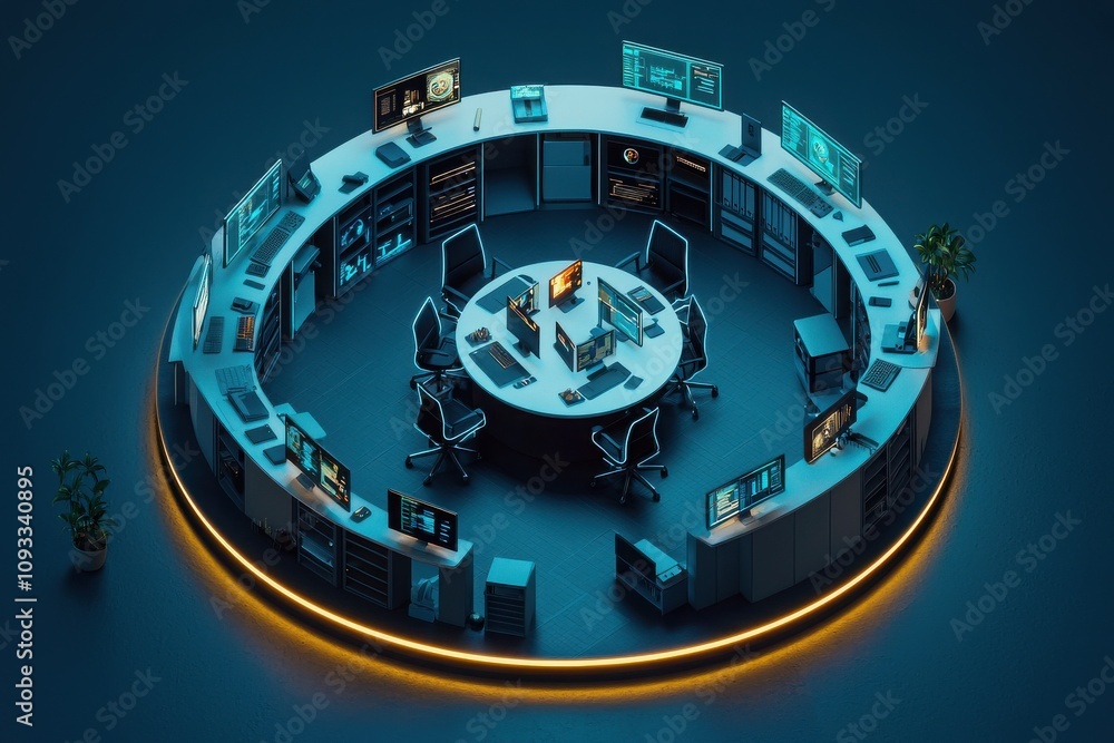 Poster digital learning environment immersive space modern workspace technology hub top view perspective in