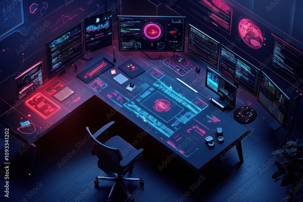 Poster advanced study hub featuring a high-tech workspace modern office digital displays futuristic environ