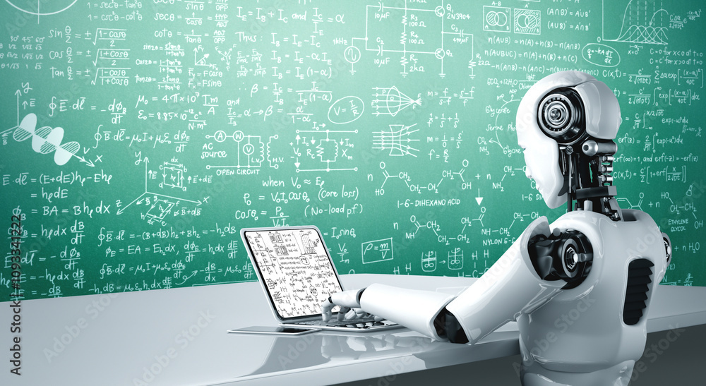 Poster mathematic equations and modish formula on computer screen showing concept of science and education