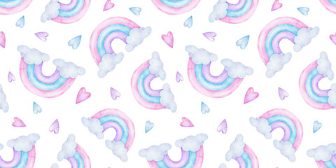 Rainbows, clouds and pink, blue, purple hearts. Watercolor isolated nursery seamless pattern. Cute baby print for kid's goods, clothes, wallpaper, textiles, scrapbooking, baby shower, children's room