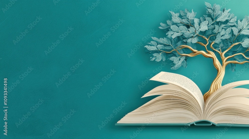 Poster an open book transforms into a tree, symbolizing growth and knowledge, ai