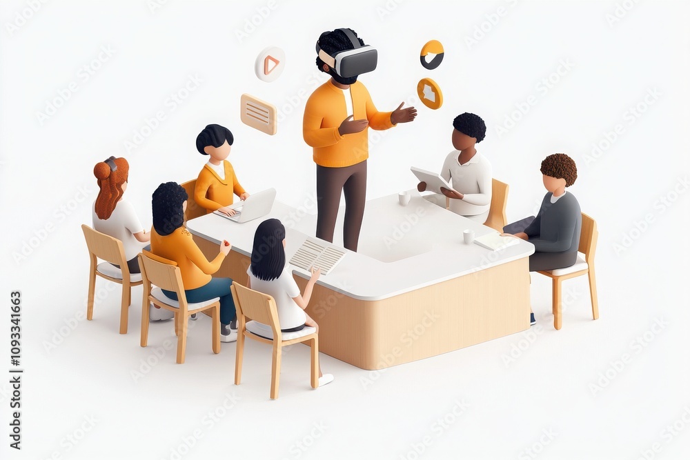 Poster engaging virtual reality classroom experience with diverse students interactive learning environment
