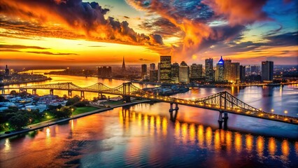 Aerial cityscapes, New Orleans.  River view, architecture contrasts.
