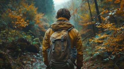 Obraz premium A person hiking through a vibrant, autumn forest, enjoying nature's beauty.