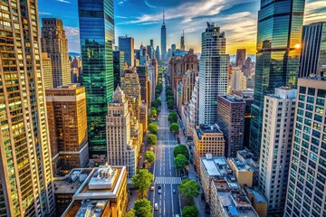 Fototapeta premium Aerial view of NYC's glass-clad skyscrapers touching the horizon.
