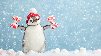 Penguin working out in the snow with dumbbells made of candy canes and marshmallows