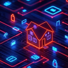 Enhanced smart home interface glowing with icons living room digital display tech-driven environment user-centric design