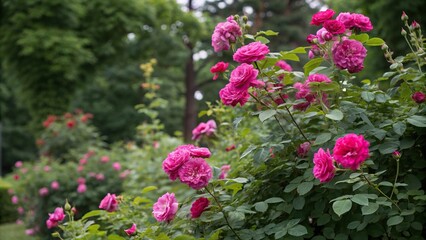 Obraz premium fuchsia colored bush roses against a lush green background, blooming flowers, garden design, leafy greens, serene landscape