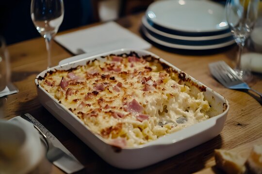 Gratin de Crozets showing creamy pasta and ham, on a modern wooden table in a bright French kitchen