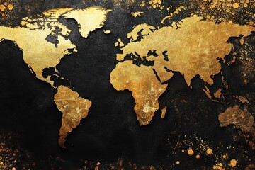 Gold world map on black textured background art
