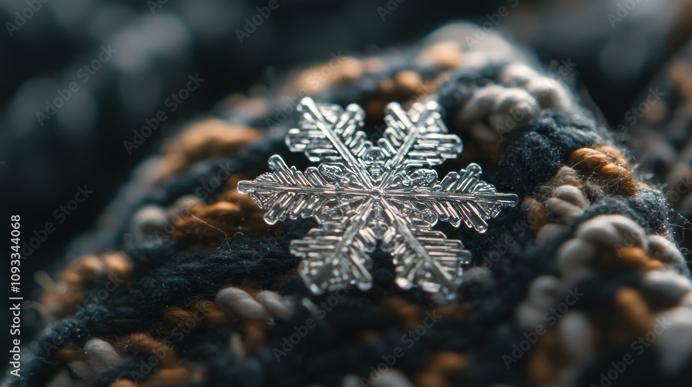Poster a single snowflake resting on a knitted fabric