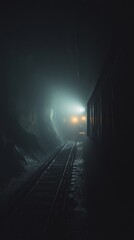 Dimly Lit Tunnel with an Approaching Train Illuminated by Foggy Light