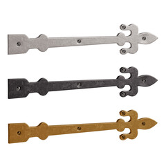 Three different colored metal brackets with a pointed design