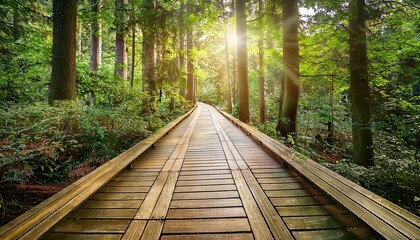 Obraz premium 푸른 숲속을 따라 이어진 나무데크 산책로